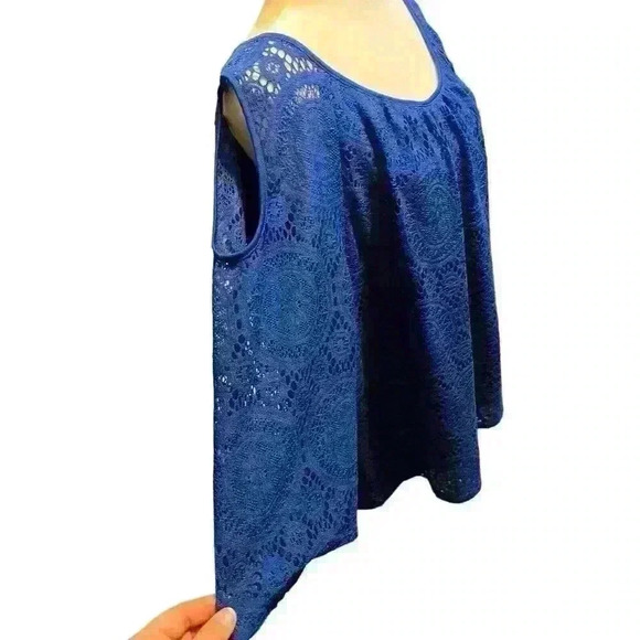 Roz & Ali Women's 3X Cold Shoulder Blouse Blue Lace Design 3/4 Sleeves - Picture 5 of 6